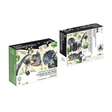 Vilac dinosaur puzzle set packaging showing two boxes for a 3-pack of 200-piece illustrated jigsaw puzzles.