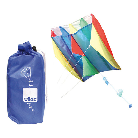 Colorful multi-panel Vilac sled kite next to its blue drawstring storage pouch on a white background.