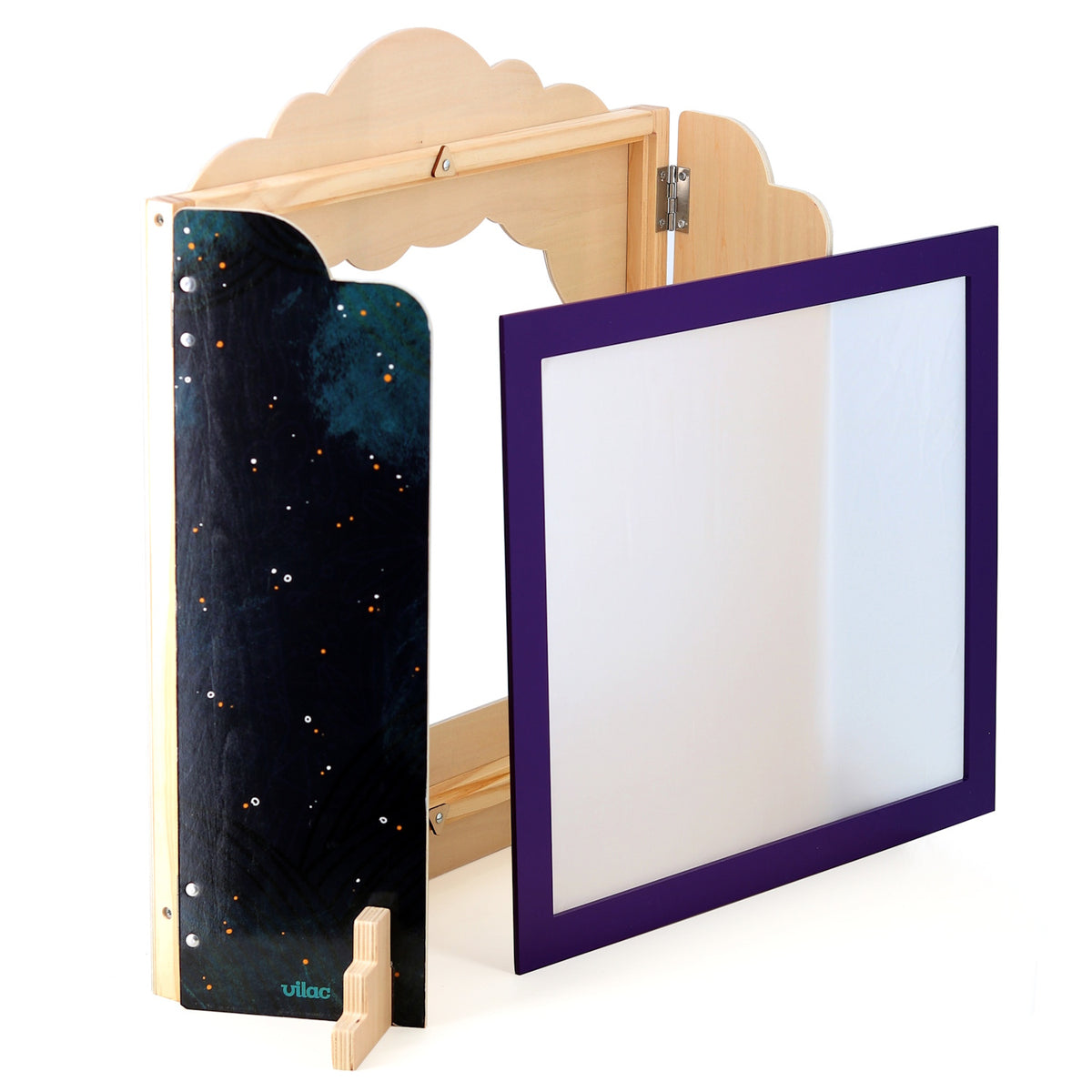 Vilac tabletop wooden shadow puppet theatre with a starry night wing and a purple-framed screen.