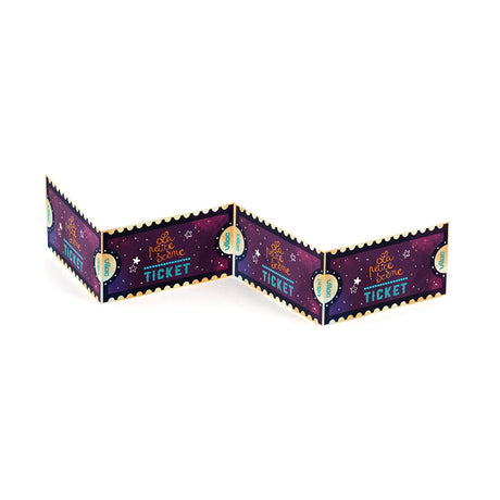 Vilac La Petite Scene toy theater tickets featuring a purple starry sky design on a zigzag folded strip.