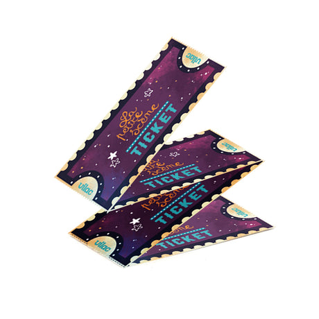 Three purple Vilac toy theater tickets reading La petite scene, decorated with yellow stars and scalloped borders.