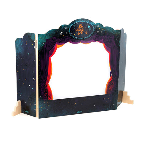 Vilac tabletop shadow puppet theatre named La Petite Scene with starry night panels and purple curtains.