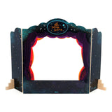 Vilac tabletop shadow theatre La Petite Scène with a blank white screen and purple curtains.