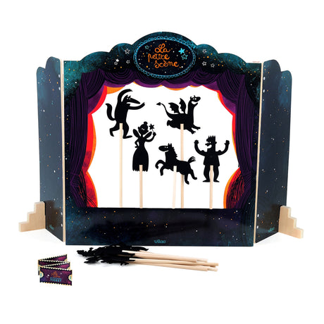 Vilac tabletop shadow puppet theatre with La Petite Scène screen and black fairytale silhouettes on sticks.