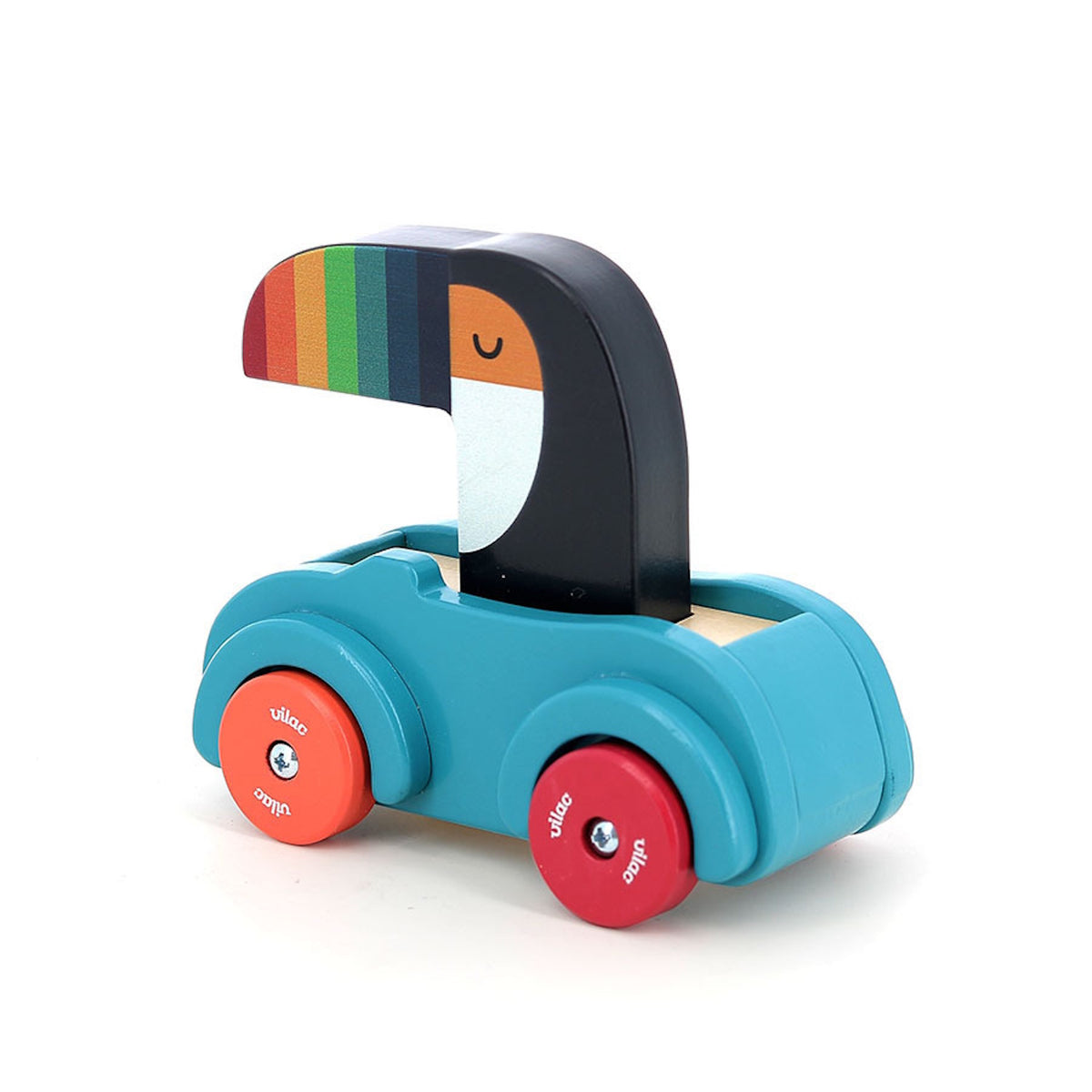 Vilac wooden toucan toy car in blue with red wheels, isolated on a white background.