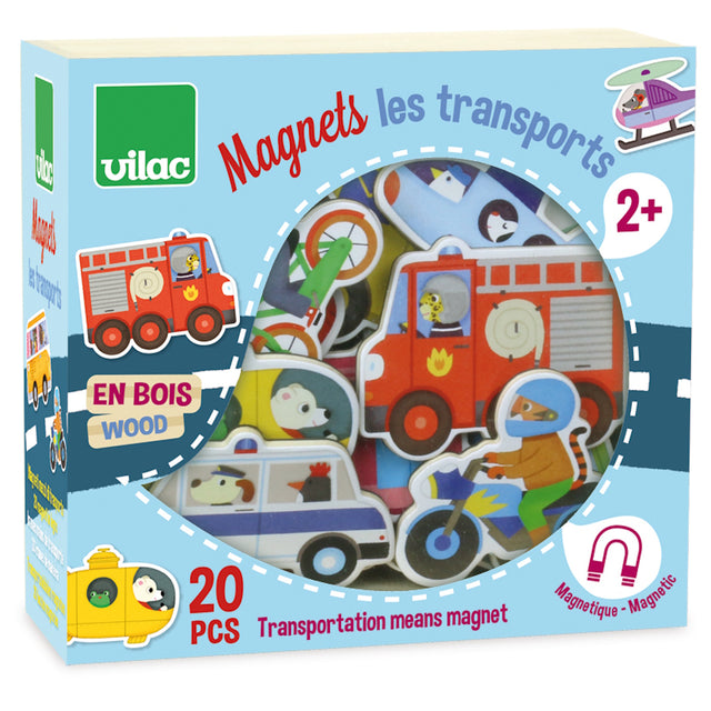 Vilac 20-piece wooden transportation magnets for toddlers. Colorful toy vehicles including fire truck, police car, and bus.