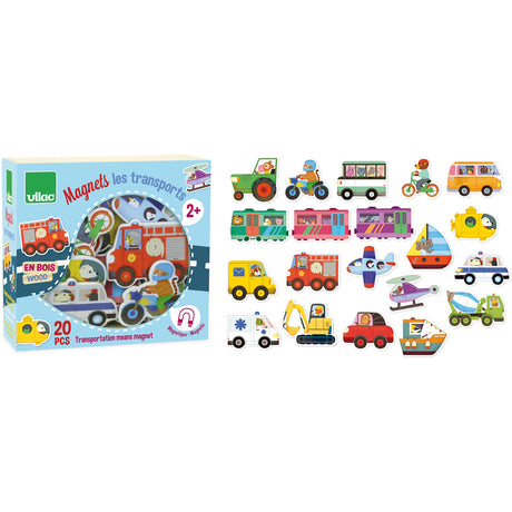 Vilac 20-piece wooden transportation magnet set for toddlers featuring a fire truck, plane, boat, and construction vehicles.