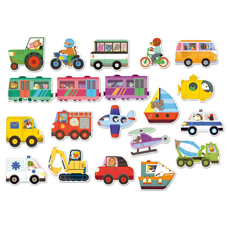 Set of colorful cartoon transportation stickers featuring animals in a tractor, train, plane, and boat for kids' crafts.