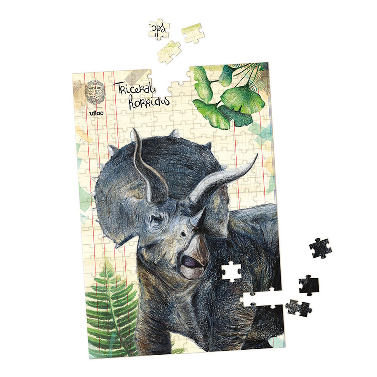 Vilac Triceratops dinosaur jigsaw puzzle, partially completed with loose pieces on a white background.
