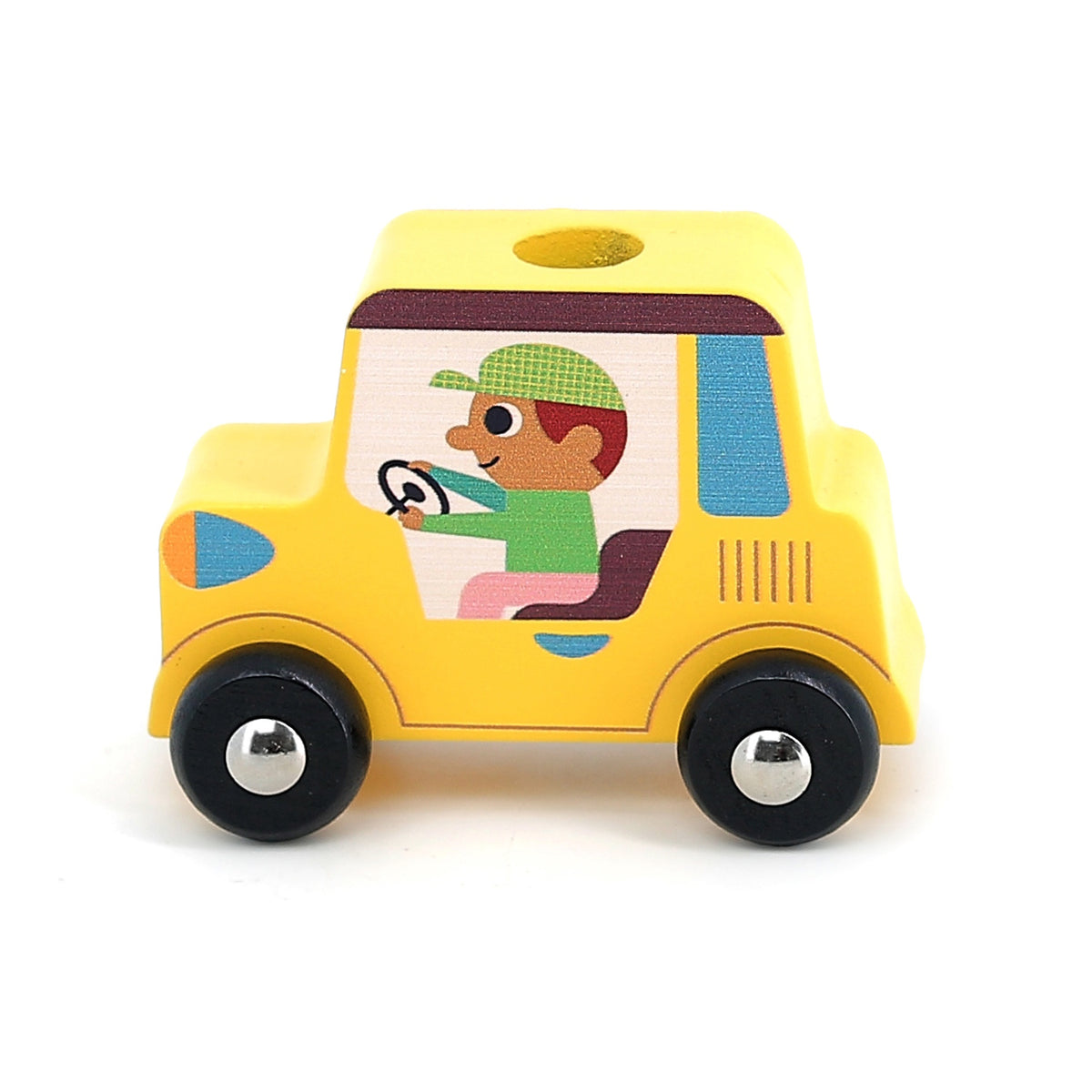 Yellow wooden toy car with a driver illustration and black wheels on a white background.