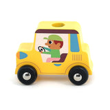 Yellow wooden toy car with a driver illustration and black wheels on a white background.