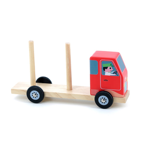 Red wooden toy truck with a natural wood flatbed, driver illustration, and two vertical pegs on a white background.