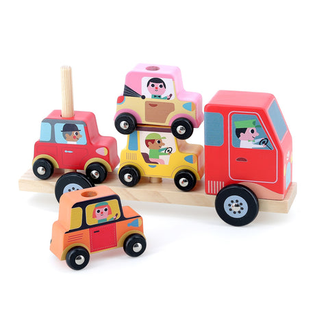 Wooden toy car carrier truck with colorful stacking cars and driver figures on a white background.