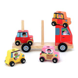Colorful wooden toy truck and car stacking set for toddlers with red, yellow, and pink vehicles on a natural wood base.