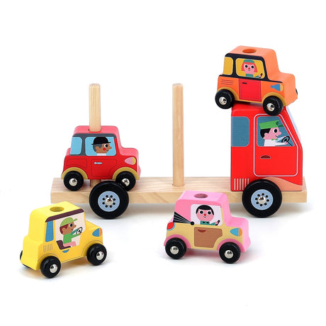 Colorful wooden toy truck and car stacking set for toddlers with red, yellow, and pink vehicles on a natural wood base.