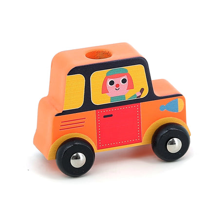 Orange wooden toy car with a colorful illustration of a girl driving, featuring black wheels and a red door.