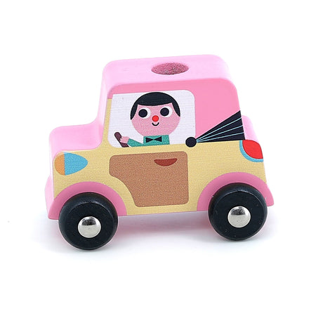 Pink and yellow wooden toy car with a cartoon driver illustration and black wheels on a white background.