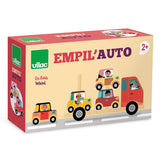 Vilac Empil'Auto wooden toy box featuring colorful stacking cars and a red tow truck for toddlers aged 2 and up.