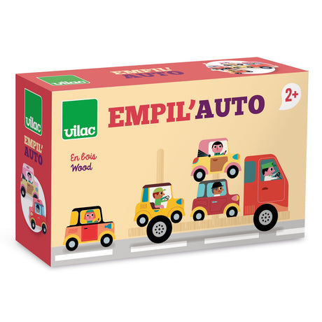 Vilac Empil'Auto wooden toy box featuring colorful stacking cars and a red tow truck for toddlers aged 2 and up.