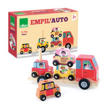 Vilac Empil'Auto wooden stacking toy set with colorful cars, a red truck, and packaging for ages 2 and up.