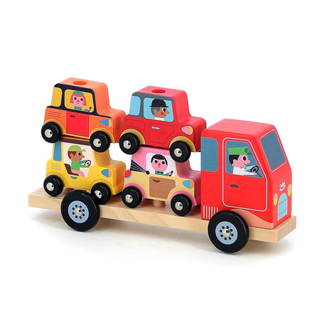 Wooden car transporter toy with red truck and four colorful small cars on a natural wood trailer for kids.