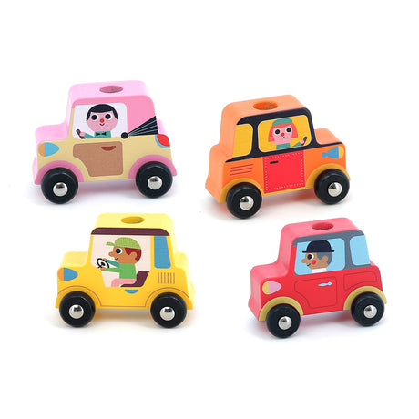 Four colorful wooden toy cars with illustrated drivers in pink, orange, yellow, and red on a white background.