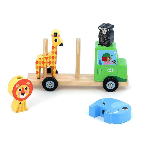 Wooden toy truck with colorful animal figures including a giraffe, lion, elephant, and monkey.