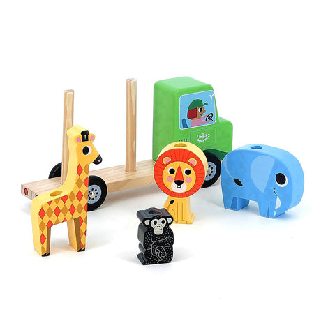 Vilac wooden safari truck toy with stacking giraffe, lion, elephant, and monkey blocks.