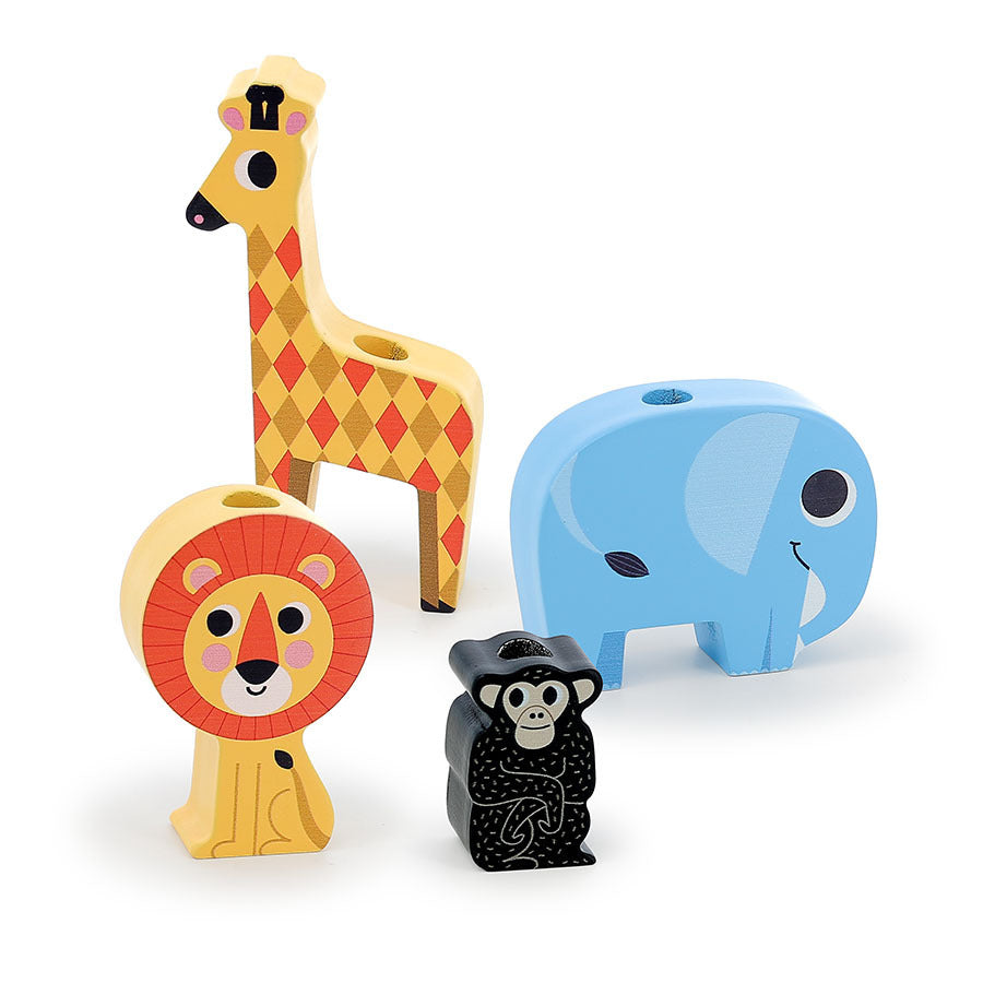 Vilac wooden safari toy animals including a giraffe, lion, elephant, and monkey.