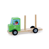 Green wooden toy truck with driver illustration and two wooden pegs on flatbed trailer.