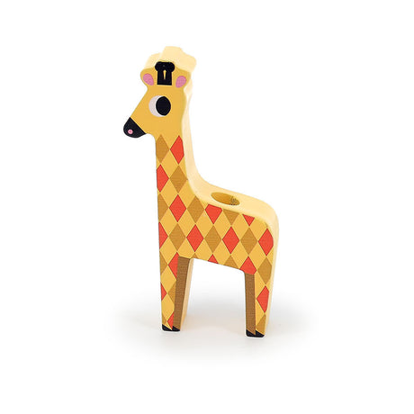 Wooden toy giraffe figure with yellow and orange diamond patterns, designed for a children's stacking set.