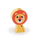 Vilac wooden lion toy block with an orange mane, designed for stacking and toddler safari playsets.