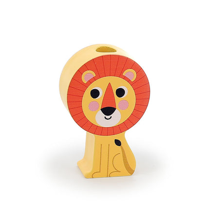 Vilac wooden lion toy block with an orange mane, designed for stacking and toddler safari playsets.