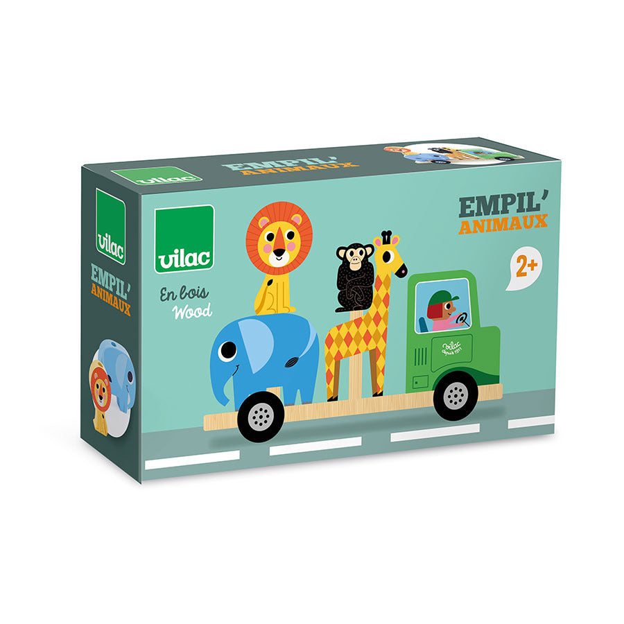 Vilac Empil' Animaux wooden stacking toy truck packaging featuring a colorful lion, giraffe, and elephant.