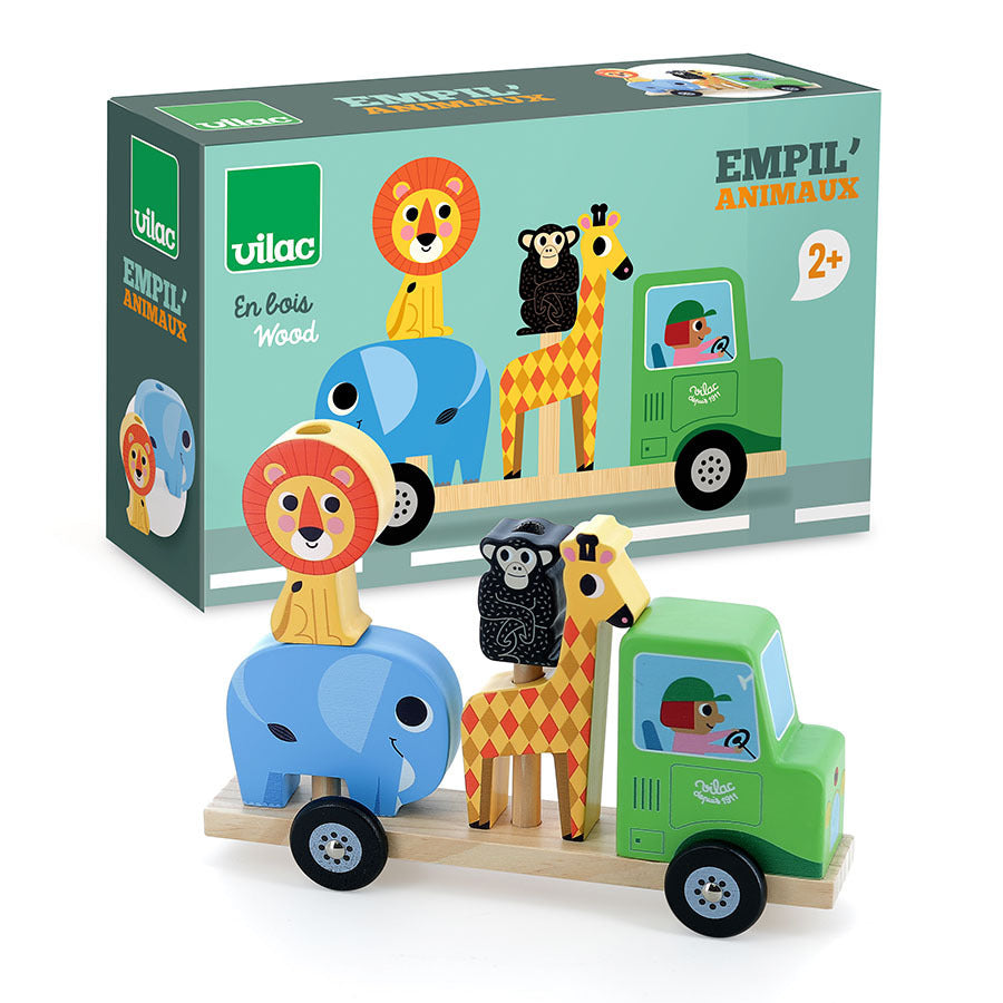 Vilac wooden safari truck toy with stacked animals and its original Empil Animaux box packaging.
