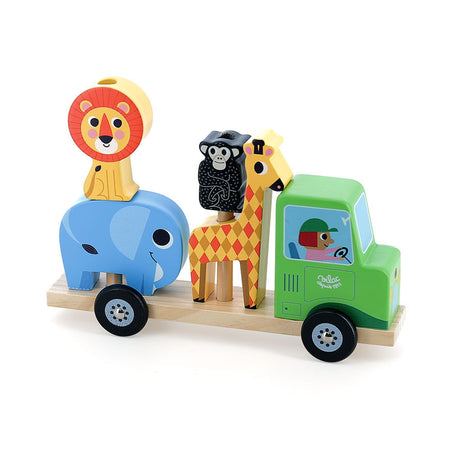 Vilac wooden safari truck toy stacked with an elephant, lion, giraffe, and monkey.