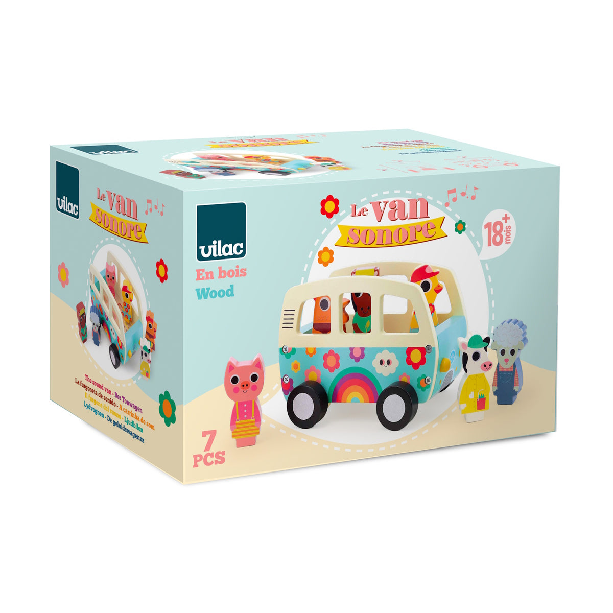 Vilac wooden sound van toy packaging showing the 7-piece vehicle set with animal figures for ages 18 months+.
