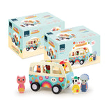 Vilac wooden sound van toy with farm animal figurines and its colorful product packaging boxes.