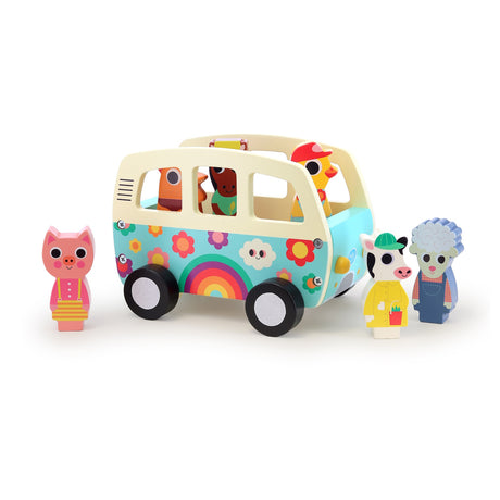 Vilac wooden toy van with animal figures, colorful retro camper bus with pig, cow, and sheep characters.