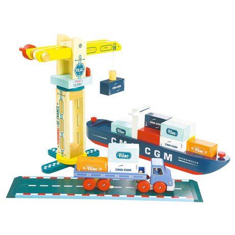 Vilac wooden toy crane, container ship, and truck set with magnetic cargo blocks on a white background.