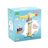 Vilac Vilacity Crane Docker wooden toy set featuring Terminal de France crane and CMA CGM cargo containers in box.
