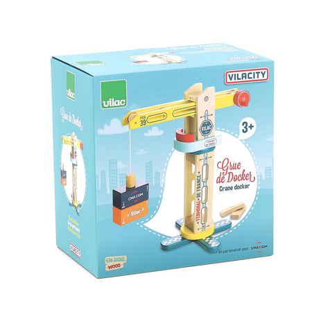 Vilac Vilacity Crane Docker wooden toy set featuring Terminal de France crane and CMA CGM cargo containers in box.