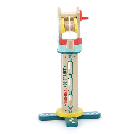 Vilac Terminal de France wooden toy crane for kids with magnetic lifting action, side view on white background.