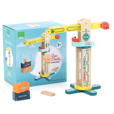 Vilac wooden Crane Docker toy with CMA CGM cargo containers and original packaging for kids aged 3 and up.