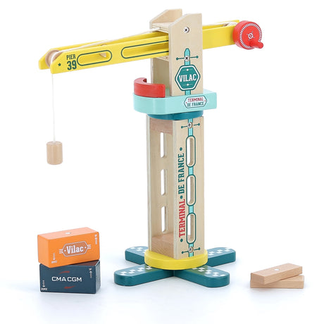 Vilac wooden toy crane with magnetic blocks, labeled Terminal de France and Pier 39, for kids imaginative play.