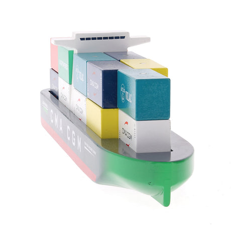 Wooden CMA CGM toy container ship with colorful Vilac magnetic blocks on a white background.