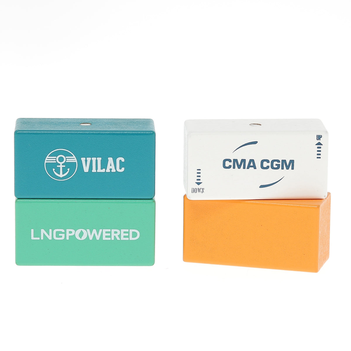 Vilac and CMA CGM wooden toy shipping containers including LNG powered green, teal, orange, and white blocks.