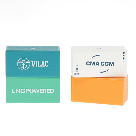 Vilac and CMA CGM wooden toy shipping containers including LNG powered green, teal, orange, and white blocks.