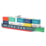 Toy CMA CGM Jacques Saade wooden container ship with colorful LNG Powered and Vilac cargo blocks on a white background.