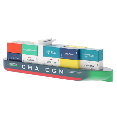 Toy CMA CGM Jacques Saade wooden container ship with colorful LNG Powered and Vilac cargo blocks on a white background.